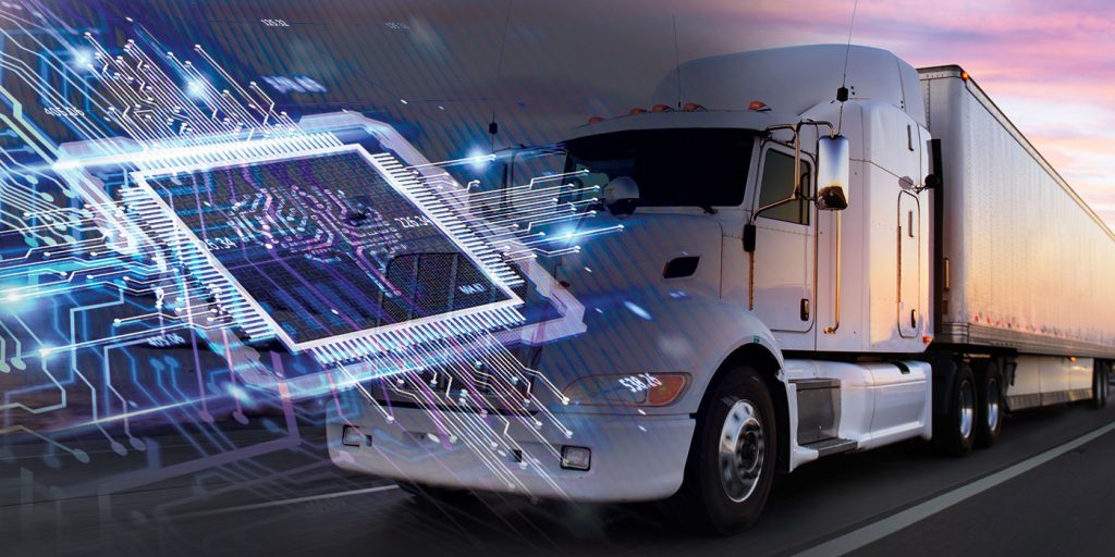 AI and machine learning technologies driving innovation in freight and trucking logistics. Digital illustration of AI technology integrated with a semi-truck, symbolizing the use of artificial intelligence and machine learning in modern freight logistics